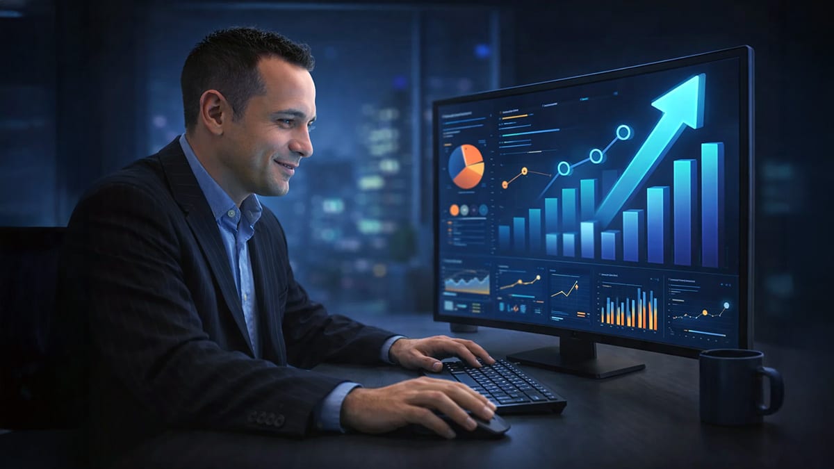 A male data analyst works at a desktop computer with a large monitor displaying dashboards and charts in a dimly lit office environment
