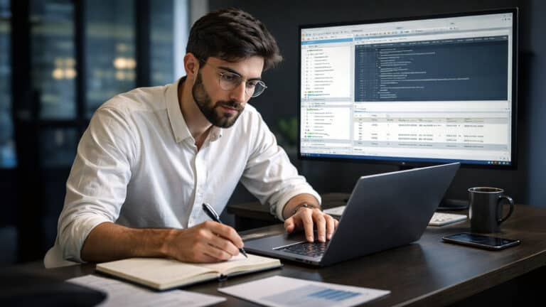 Male data analyst using a laptop and large monitor to review SQL queries and datasets in a modern office setting