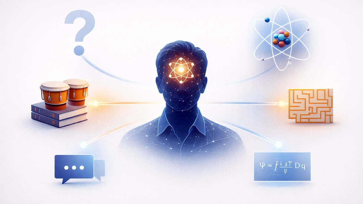 Feynman glowing silhouette and scientific symbols